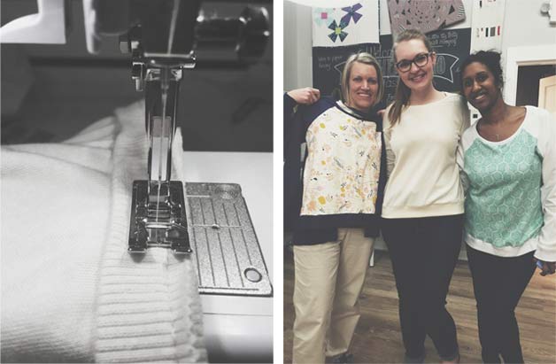 Sewing the collar / My classmates and I with our Lindens